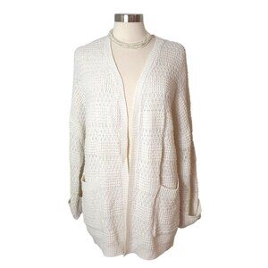 BKE Womens Cardigan L Cream Oversized Sweater Open Pockets Relaxed Fit Coastal